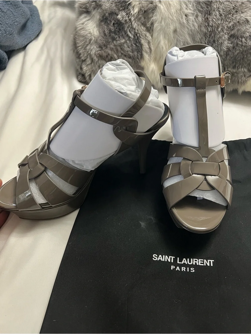 Saint Laurent Taupe Patent Leather T-Strap Sandals - Picture 2 of 5